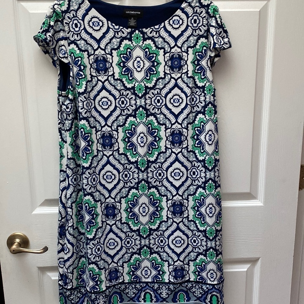 Liz Claiborne Navy and Emerald Patterned Midi Dress